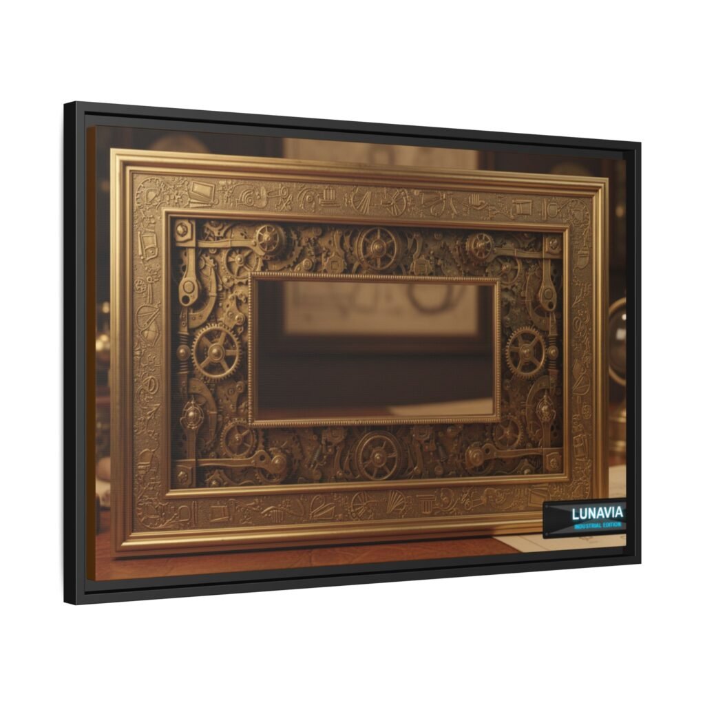 A close-up, dramatic shot of the canvas. The ornate Baroque frame is made of dark wood with polished brass accents. The artwork inside shows swirling gears intermingled with cherubs and velvet drapery. Intense, golden light cuts across the surface, making the metallic elements sparkle and casting deep shadows, emphasizing the texture of the canvas and the depth of the design. Dust motes dance in the light.